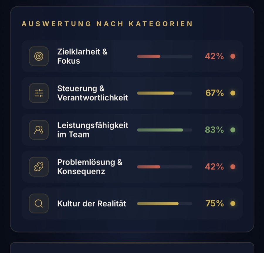 Beispielauswertung der Potenzialanalyse: Reifegrad in fünf Kategorien mit farbigen Balken